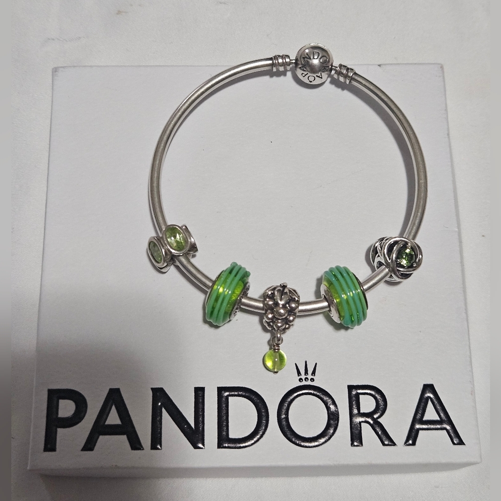 Pandora Moments Sterling Silver W/ Green Charms Bracelet Size 7.5"